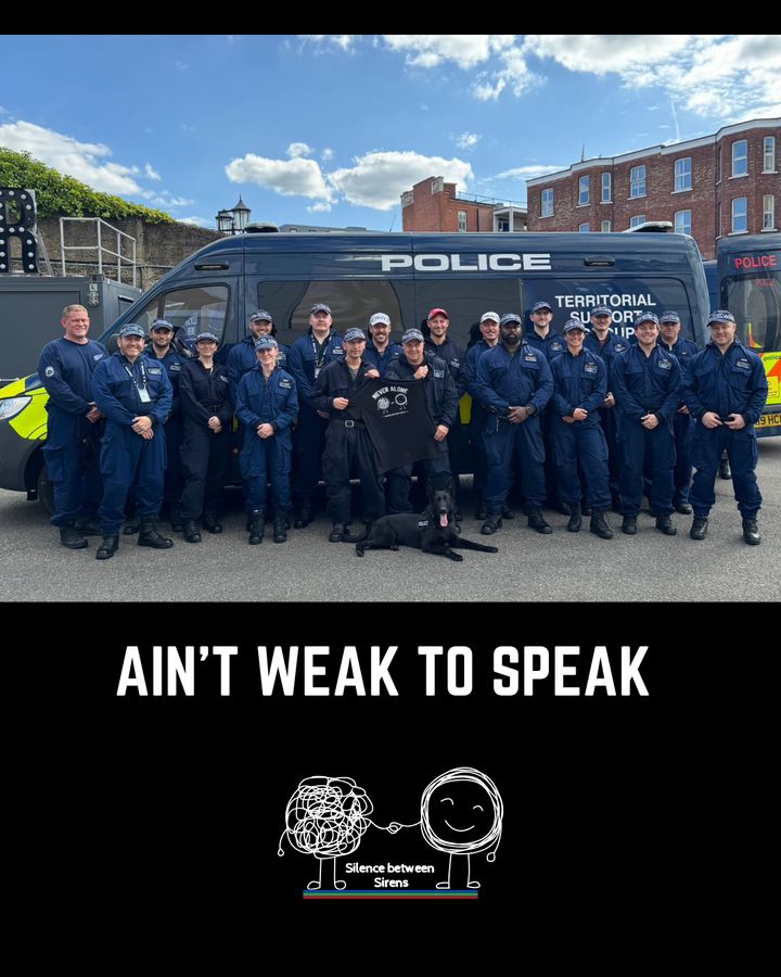 Police territorial support group team photo with the words Ain't weak to speak